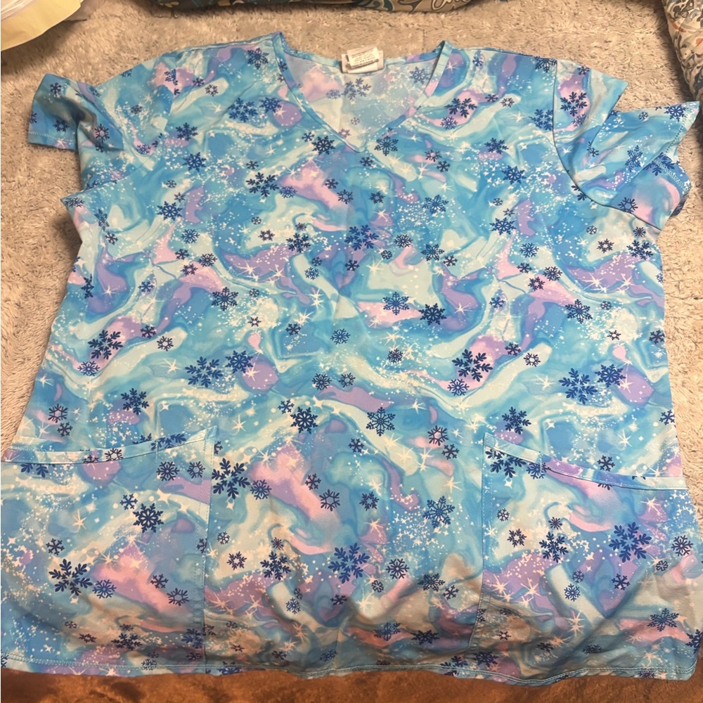 Scrubstar Blue and Pink Snowflake Scrub Top